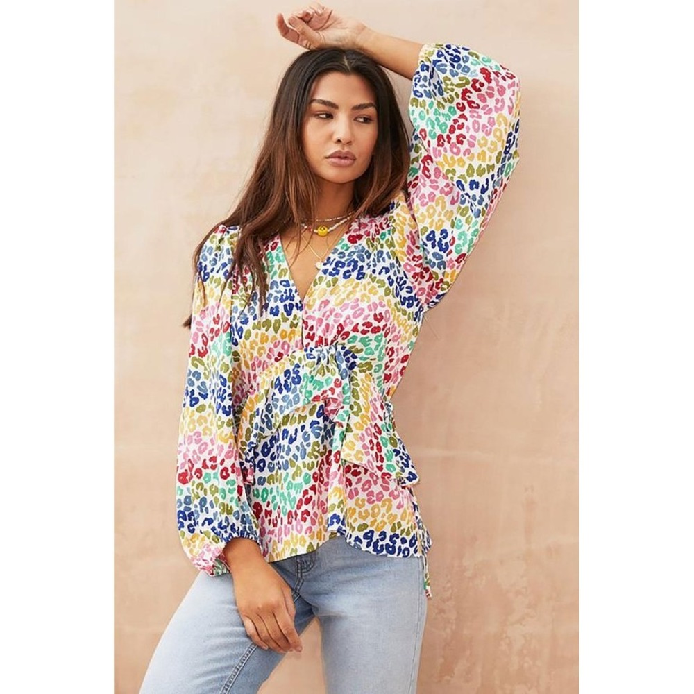 Never Fully Dressed Rainbow Animal Frill Long Sleeve Top V-Neck Blouse